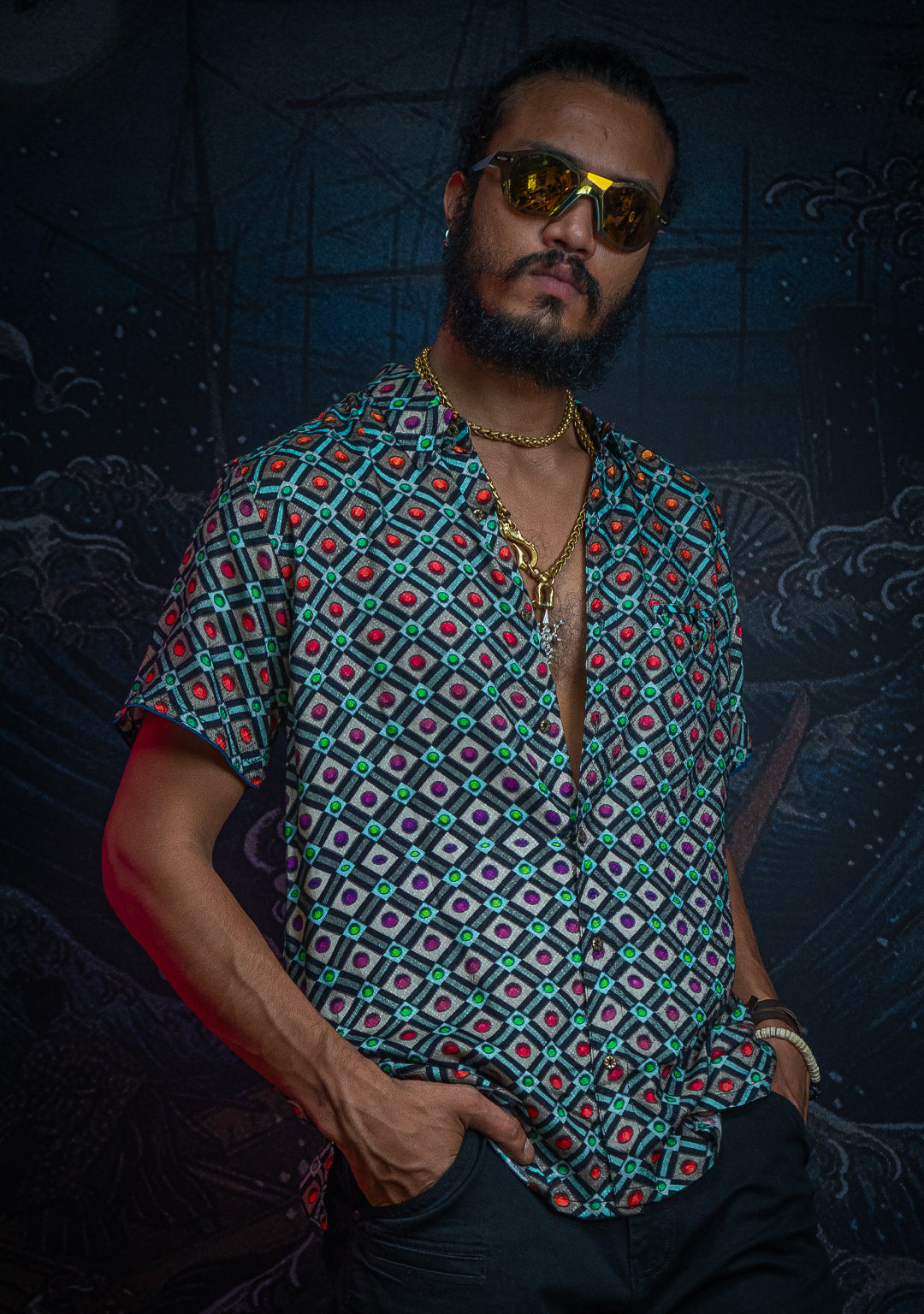 Shirt Men Half Sleeves / Viscose Diamond Weave- STRABERRY ICE